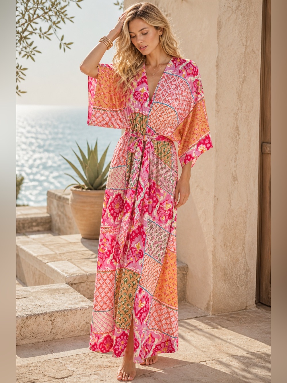 Aakaa Patchwork Boho Maxi Dress – Pink Orange Print NWT